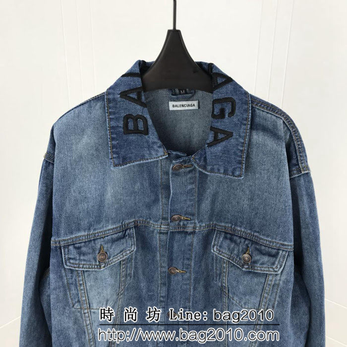 BALENCIAGA巴黎世家 18SS秋冬新款 刺繡logo翻領 下擺不規則剪裁 洗水牛仔夾克 藍色 男女同款 ydi1431